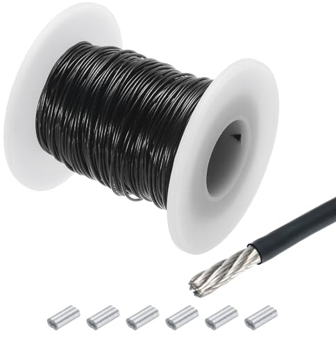 QUARKZMAN 30M x 1mm (98Ft x 3/64) Fune Metallico Cavo Acciaio Inossidabile 304, Tenditore Tirante con 6pz Manicotti Alluminio per Appendere Stendibiancheria Sollevamento, Nero