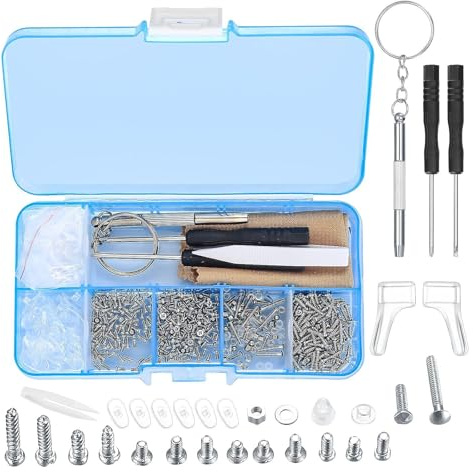500 stycken glasögonreparationssats, glasögonskruvar, reparationsverktygsset, med små skruvar, muttrar i silikon, näskuddar, pincett, mikroskruvmejsel, rengöringsduk, för glasögon