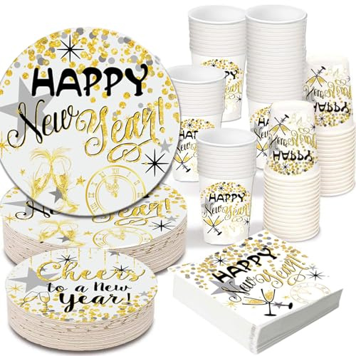 96pz Felice Anno Nuovo Stoviglie per Feste Tovaglia Capodanno Piatti Tazze Tovaglioli per 24 Ospiti per la Decorazione Capodanno 2026 Forniture