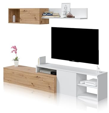 duehome | Conjunto de Salon Reversible, Mueble de Salon, Modulos de Comedor, Modelo Kate, Acabado en Roble Nodi y Blanco Artik, Medidas: 221 cm (Ancho) x 44 cm (Alto) 40 cm (Fondo)