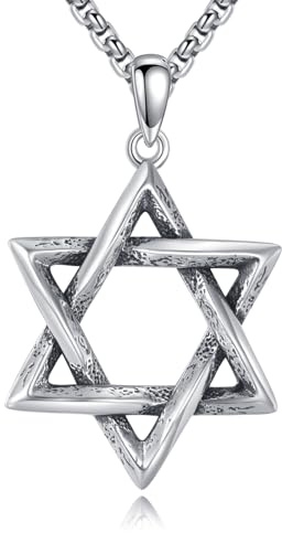 YFN Collar de estrella de David de plata de ley con colgante de estrella de David con cadena de acero inoxidable de 22 pulgadas + 2 pulgadas, collar de hexagrama judío para hombres y mujeres