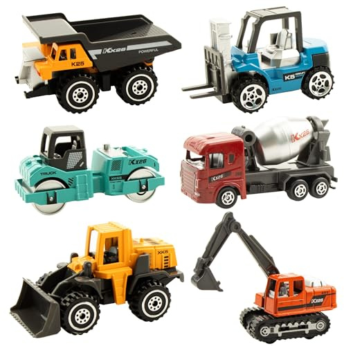 BenRich 6 Pcs Mini Die Cast Toy Set 1/64 Scale Alloy Construction Model Vehicles - Excavator, Dump Truck, Bulldozer, Forklift, Mixer Truck, Road Roller Toys Car for Boys Girls Birthday Present​