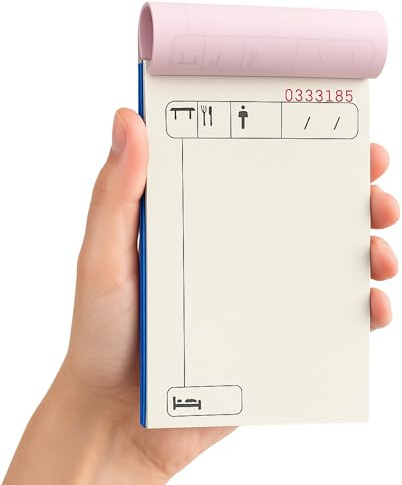 Talonarios comandas camarero, Libreta Gestión Hostelería y Restaurantes, 75 hojas, 25 juegos original + 2 copias, autocopiativo, Matriz corte, Tamaño Bolsillo (85 x 145 mm), Pack de 6 talonarios