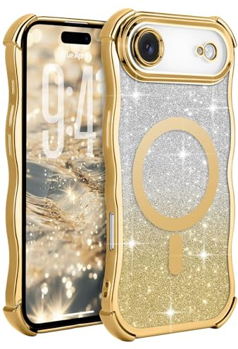 Wirvyuer for iPhone Air Curly Wave Frame Magnetic Case, Compatible with Magsafe with Removable Glitter Sparkly Card Cover, Clear Shockproof Anti-scratch Phone Case for Women Girls, Gold