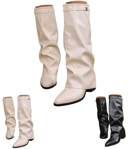 Generiska vida stövlar dam vikbar över, knähöga stövlar dam platå vinterstövlar eleganta skaftstövlar blockklack slip-stövlar med bältesspänne cowboystövlar bekväma mellanrör stövlar