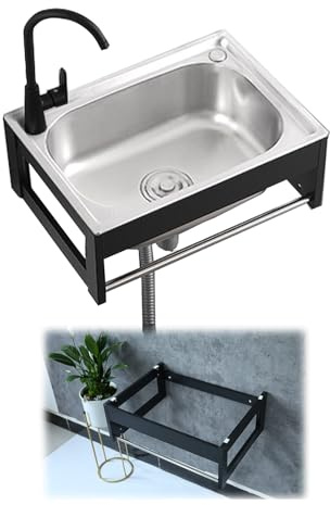Lavello compatto da parete con staffa in alluminio nero, profondità del lavandino di 18 cm, for lavanderia, lavandino da giardino for esterni, vasca for lavanderia(50 * 40 * 21cm)