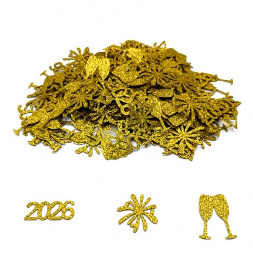 Gold Confetti for party table decorations, Glitter Champagne Glasses, Fireworks, 2026 Paper Confetti for Wedding, Graduation, Birthday, Engagement Party Decor, 200pcs