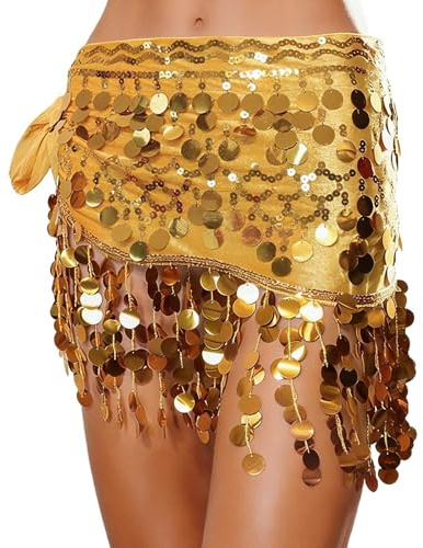 Falda de danza del vientre con lentejuelas y flecos, cadena de cintura para práctica de rendimiento para elegante bufanda de cadera, amarillo, Altoa única