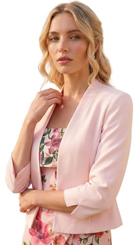 Roman Bolero Jacket for Women UK Ladies Shrug Tailored Rochette Suit Blazer Formal Wedding Guests Crepe Crop Stretch Smart Cover Up Office Work Slim Edge to Edge - Light Pink - Size 14