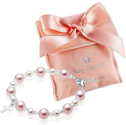 Baby Crystals Sterling Silver Cross Charm Pearl Bracelets for Girls - Baptism Gifts for Girl with Rosaline, White Simulated Pearls, First Communion, Christening, Keepsake Girls Jewelry Birthday Gift