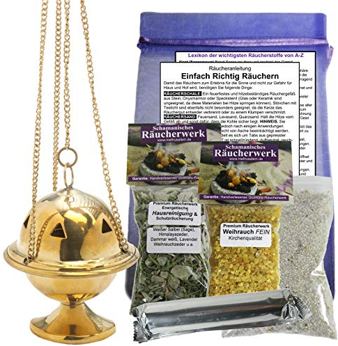 Weihrauchbrenner Räucherfass Weihrauchfass mit Einsatzschale und Kette Messing. Räuchergefäß zum hängen und schwenken. 2 x Räucherwerk Weihrauch & Hausreinigung. 8-TLG Set. 7 x Zubehör. 82001-4