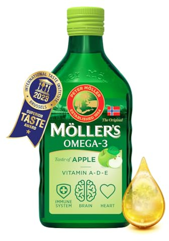 Moller’s ® | Aceite de hígado de bacalao | Complemento dietético con omega-3 EPA, DHA y vitaminas A, D y E | Sabor Manzana | 250 ml