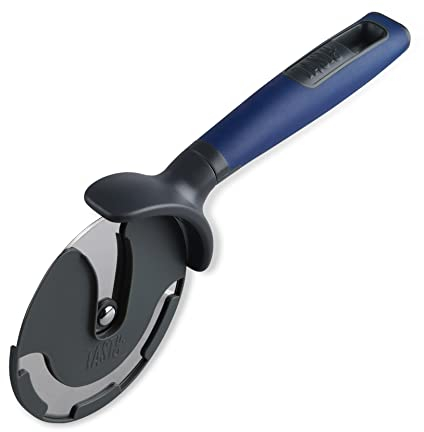 Tasty Everyday Pizza Cutter with Finger Guard & Protection Sleeve, XXL Pizza Slicer, Stainless Steel Wheel Pizza Slicer, Sharp Anti-Slip Pizza Cutter, Dimensions: 25x11x3cm, Colour: Dark Grey & Blue