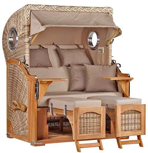 MR. DEKO® Strandkorb Düne Teak 2-Sitzer Bullauge | PE Geflecht Shell | Volllieger Strandstuhl verstellbar | inkl. 4 Kissen Wechselpolster | Strandkörbe fertig montiert aus Teakholz | Dessin 510