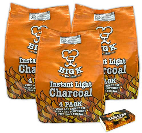 Big K Instant Light Lumpwood Charcoal Instant Lighting BBQ Barbeques Coal 12KG with KasaBona Safety Matches (12 x 1kg bags)