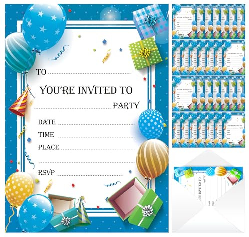 SOL 28x Blue Birthday Party Invitations Kids Boys with Envelopes - Kids' Party Invitations & Birthday Cards Premium Cardstock RSVP Invitation for all Occasions - Childrens Boys Birthdays Parties