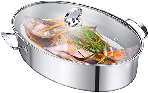 8Qt Vaporiera per Pesce Ovale, Pentole per Pentola per Pesce al Vapore in Acciaio Inossidabile 304 con Griglia, Padella in Ceramica, Mandrino per Pesce al Vapore, Zuppa Bollente,Silver
