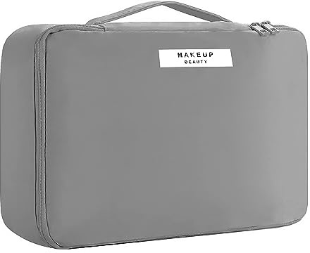 Travel Makeup Bag [with Brushes Holder & Detachable Pouch] Cosmetic Bag Large Capacity Waterproof Makeup Case Storage Organiser for Women & Girls (Grey)