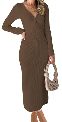 RAISECOM Womens Ribbed Knit Maxi Dresses Long Sleeve V Neck Casual Sweater Dress Bodycon Midi Dress Brown