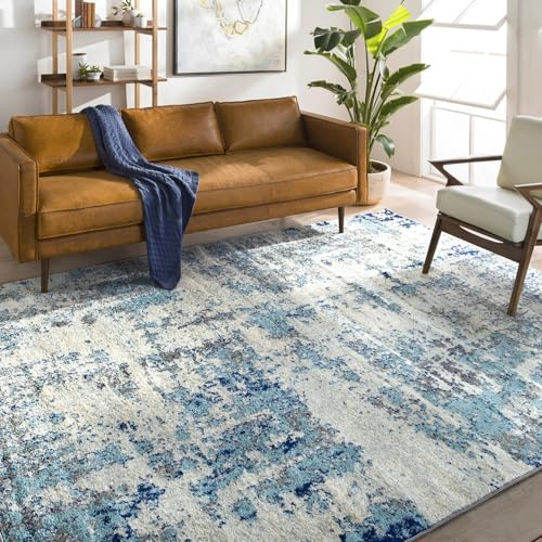 Livabliss Moroni Abstract Rug - Area Rugs Living Room 140x200 cm, Dining Room, Lounge, Kitchen, Bedroom - Modern Marble Large Rug, Soft Luxurious Easy Care Medium Pile, Blue, Grey and Ivory