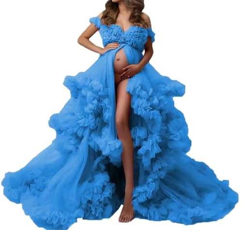 AHERKLL Vestido de maternidad de tul hinchado para sesión de fotos, lencería larga transparente, baby shower, embarazo, fotografía, vestido ZM002, azul, 38