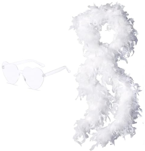 NHPY Boa de Plumas Con Gafas de Sol Sin Marco, 2 M Blanca, Boa Plumas Esponjosa, Boas de Plumas Colores, Boas de Plumas para Fiestas, para Fiesta de Disfraces de Boda, Carnaval, Halloween