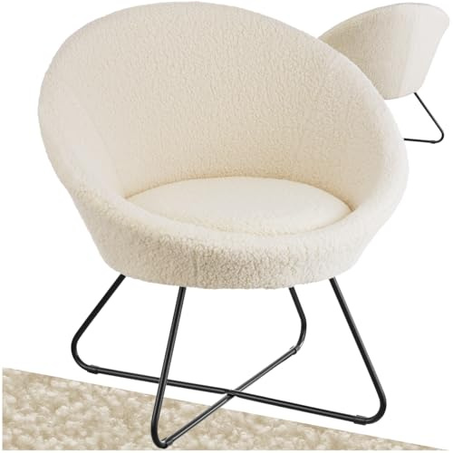 tectake® runder Bouclé Cocktailsessel, Teddy Sessel, Lesesessel, durchgängige Rückenlehne, Sessel Wohnzimmer, Stillsessel skandinavisch, Relaxsessel, Loungesessel - Bouclé Off-White