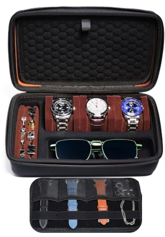 AUKURA Custodia per orologi da viaggio e da riporre (3 scomparti imbottiti con scomparto per occhiali e accessori), può contenere occhiali, anelli, gemelli e cinturino