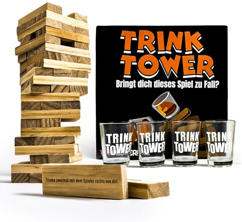 SpielFERKEL - Gioco da bere Torre oscillante con 4 bicchieri, gioco per adulti, addio al celibato, divertente gioco con compiti, gioco per feste
