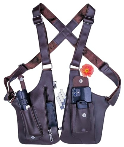 Dual Shoulder Underarm Bag for Men, Anti-Theft Hidden Travel Pouch, Adjustable Strap Chest Storage Bag with Multi Pockets for Phone Wallet Passport (Brown)