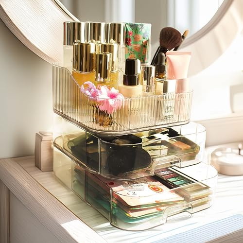 GOODFERIA Organizador de Maquillaje y Escritorio Cajones - Makeup Organizer - Perfumes - Organizador de Baño - Tocador de Maquillaje - Bathroom Organizer - Regalo Mujer (Transparente)