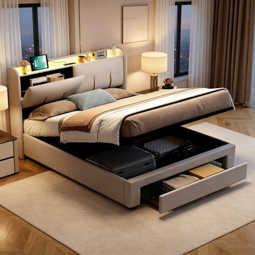 BRILVERDE Letto imbottito 160x200 con Contenitore, letto matrimoniale con USB e LED, con cassetti, Funzionale con testiera, Struttura letto con rete a doghe, in Velluto (Beige, 160 x 200 cm)