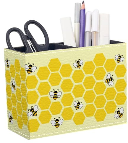 CRASPIRE Imitation Leather PVC Pen Holder Pencil For Desk Bee Pattern Rectangle 4.33×5.9 Inch PU Desktop Cup Storage Organizer Makeup Brush for Bedroom Office Home Decorative Pottubular Penrack