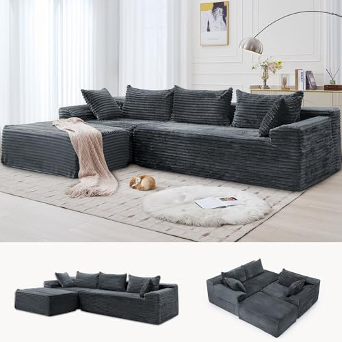 Korser 110 L-Shaped Modular Sectional Sofa with Chaise, Boneless Comfy Corduroy Fluffy Couch with Deep Seat and Side Pockets, Flexible Module Combination for Living Room, No Assembly, Side Pockets