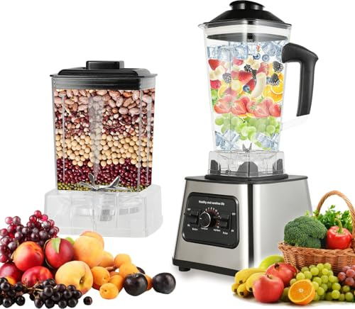 6000W 2-En-1 Blender Mixeur Multifonctions, 2L+0.5LBlender Smoothie Professionnel,Ergonomique,2700RPM,8 Lames en Inox,9 Réglages Vitesse,pour Smoothies, Shakes,Aliments,Glace PiléE (Blanc - 2L+0,5l)