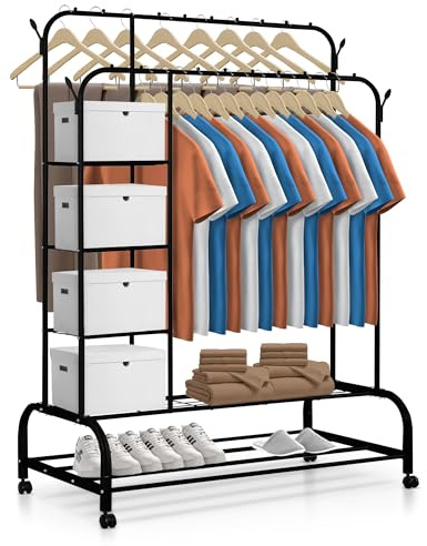 JUPPLIES Burro Ropa Resistente – Perchero Burro Doble con Soporte (Negro, Con Ruedas y Estantes)