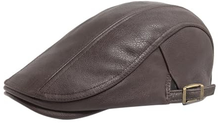 YAMEIZE Gorra Plana de Cuero con Retro de Invierno - para Hombres Mujeres Sombrero de Vendedor de Boina de Cuero de PU Gorra Plana Peaky para Conducir (FR/ES, Letras, Talla única, Café)