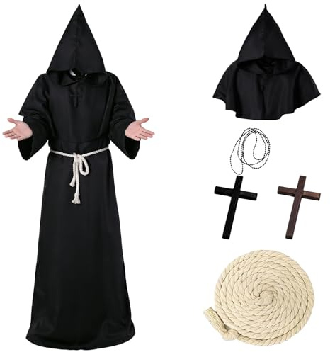 Forbabe Monch Robe Costume monaco sacerdote abito con cappuccio medievale da uomo e da uomo (nero, XL)