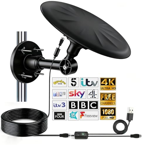 CSUXYD Omni Directional TV Aerial Outdoor, Outdoor Aerial for Smart TV, 720° Long Range Reception Freeview HD Digital Signal, with Super Signal Booster, for Attic/Camping/RV/Boat（BLACK）