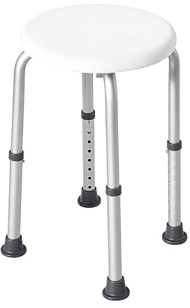 Orvian Silla de Ducha Redonda Ajustable en Altura 8 Niveles. Patas de Goma Antideslizantes y Asiento Curvado con Orificios de Drenaje. Taburete de Ducha con Estructura de Aluminio. Máximo 120 kg.