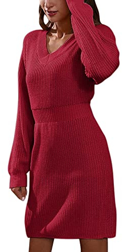 Dam Med Polokrage Stickad Tröja V-ringad Axelrem Långärmad Midjeband Ullklänning Klänning Vinter(Red,M)