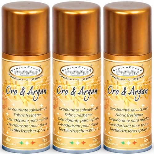 HygienFresh Oro & Argan - Spray Deodorante Professionale Tessuti Ambiente Auto Cassetti Scarpe Armadio Profumo Hotel Palestra Accessori Lavanderia - 3 Pezzi da 150 ml