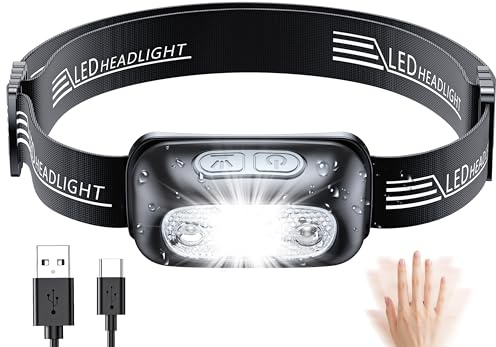 Babacom Head Torch, Rechargeable Super Bright LED Headlamp-250 Lm, Motion Sensor, IPX6 Waterproof, 5 Light Modes, Adjustable Angle & Strap, Led Head Torch for Running Camping Hiking Fishing