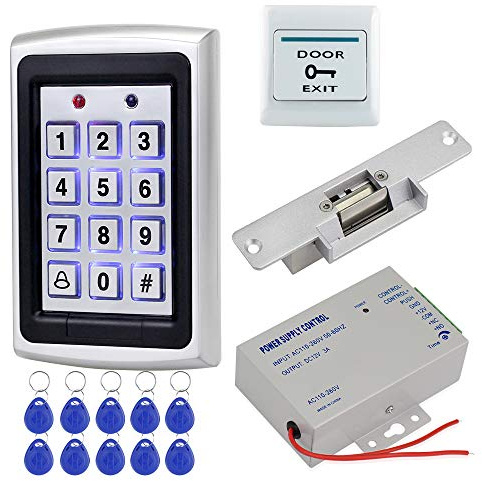 HFeng Sistema Control Acceso Kit Set Teclado RFID Metal + DC12V 3A Controlador Fuente Alimentación + NC Cerraduras electrónicas + Botón Salida Puerta + 10pcs Tarjeta llaveros Keyfobs