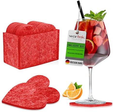 wortek Posavasos de fieltro en forma de corazón, juego de 10 unidades, con caja de almacenamiento, posavasos de cristal para bebidas, tazas, bar, cristal, diámetro de 10 cm, posavasos de fieltro