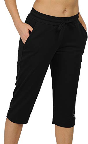 icyzone Damen Jogginghose 3/4 Sporthose Trainingshose Straight Bein Freizeit Hose mit Tasche (S, Schwarz)