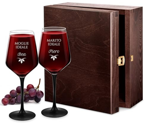 Maverton 2 Calici da vino Rubino - incisione personalizzata - 300 ml - con gambo nero - pensiero speciale per nozze - adatti per vino secco e dolce - unici per coppia - coniugi ideali