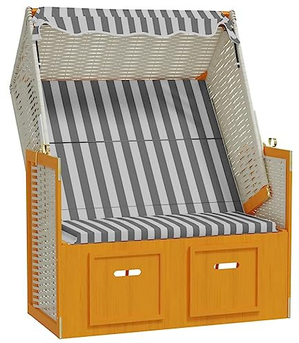vidaXL Strandkorb mit Dach Gartenliege Volllieger Sonnenliege Sonneninsel Strandliege Liege Zweisitzer Strand Poly Rattan Massivholz Weiß Grau