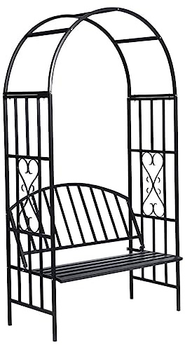 PURADAY Pergola da Giardino con Panchina per Piante Rampicanti 114x57x210 cm Nero in Ferro Arco del Cortile Costruzione Stabile Arco per Rose Matrimoni e Altri Eventi Speciali Decorarlo con Fiori