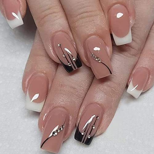 AKOFIC 24 Pièces Faux Ongles Français, Moyens Cercueil Faux Ongles avec Colle à Ongles, Press On Nails Ballerine Faux Ongles à Coller Nail Art pour Femme et Fille